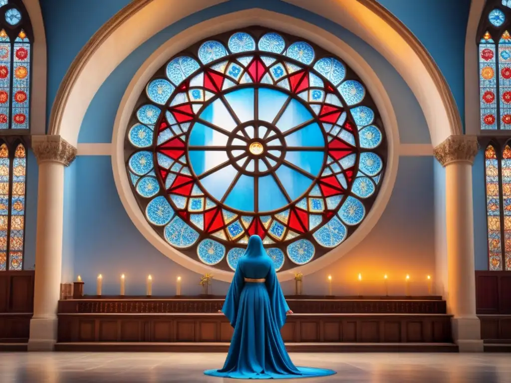 Vibrante geometría sagrada del Renacimiento en una vidriera de catedral: azules, dorados y rojos crean un hipnótico diseño