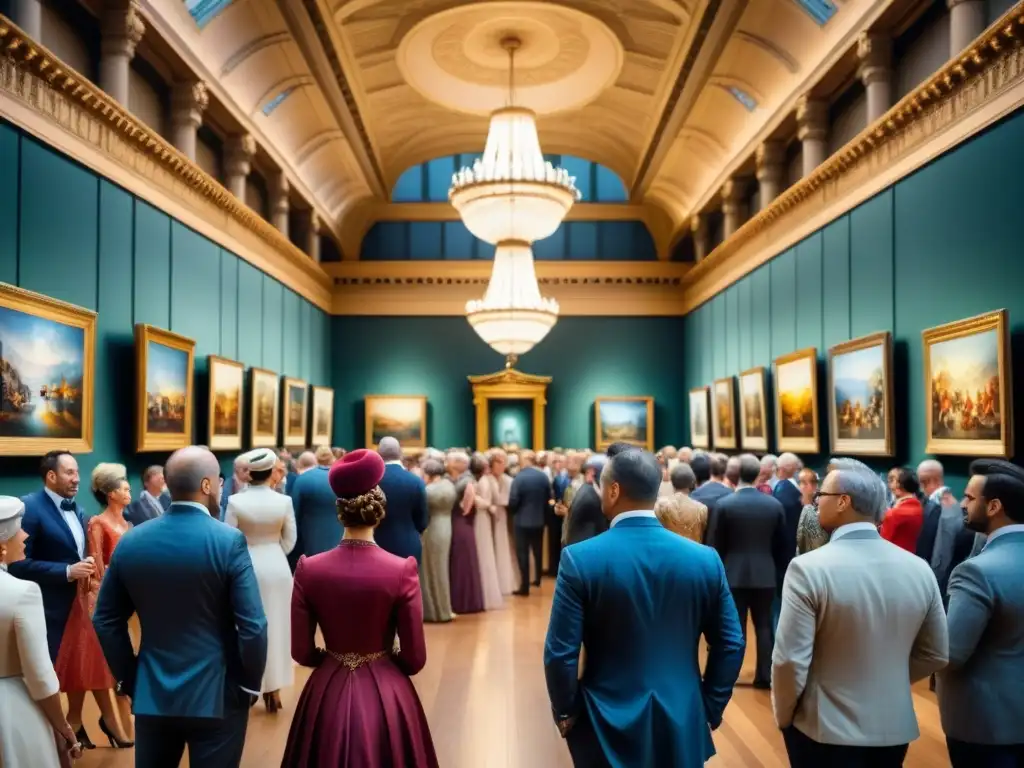 Subasta de Arte: Emoción y Elegancia en Detalle Vibrante subasta de arte con elegantes postores y valiosas obras en una galería iluminada