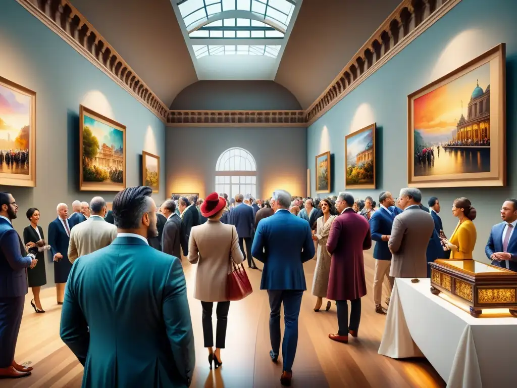 Una vibrante subasta de arte con elegantes asistentes pujando por piezas exquisitas