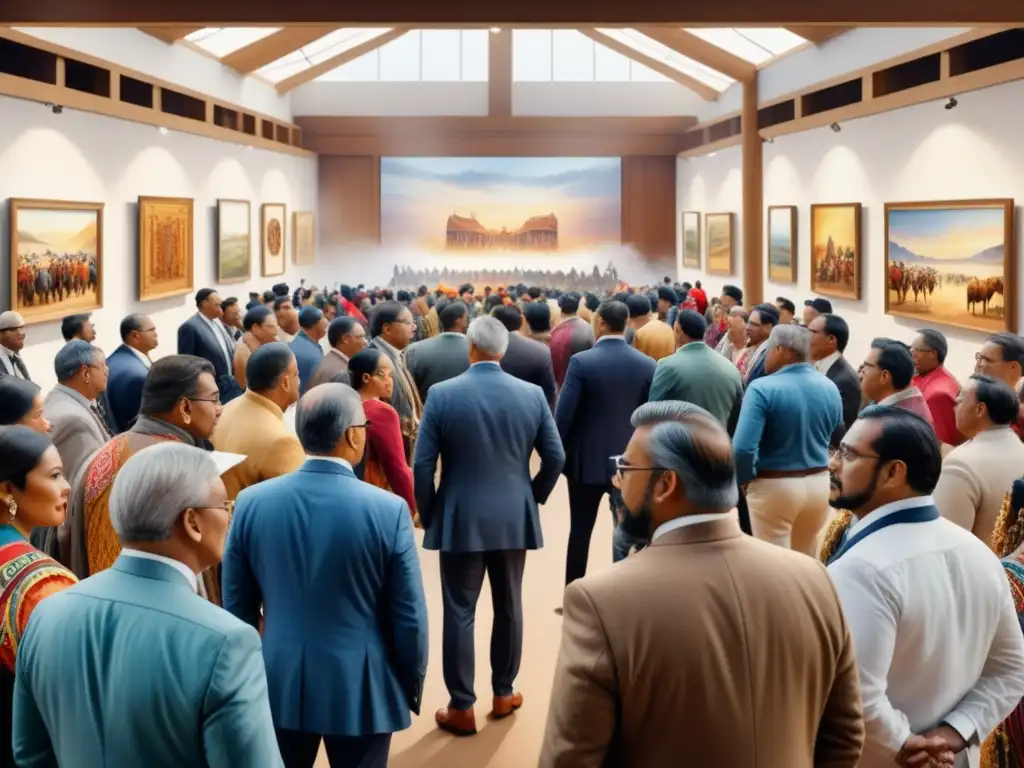 Subasta de arte indígena: escena vibrante en acuarela detallada Vibrante subasta de arte indígena en acuarela detallada, reflejando la tendencia global