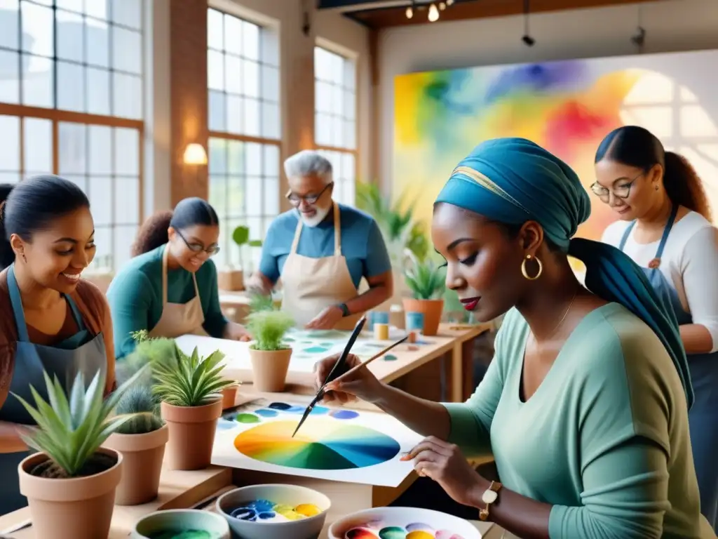 Un vibrante taller de arte comunitario creativo con personas de todas las edades y orígenes disfrutando juntas de diversas actividades artísticas