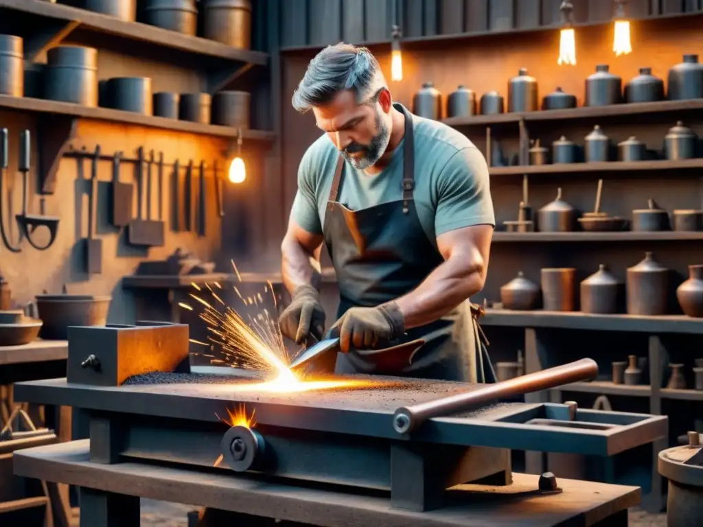 Vibrante taller de arte en metal para principiantes, con un herrero trabajando en una fragua tradicional rodeado de metal caliente y chispas