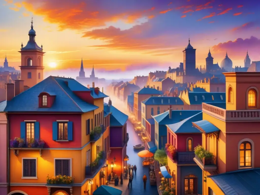 Un vibrante taller de arte narrativo visual colores en una ciudad al atardecer