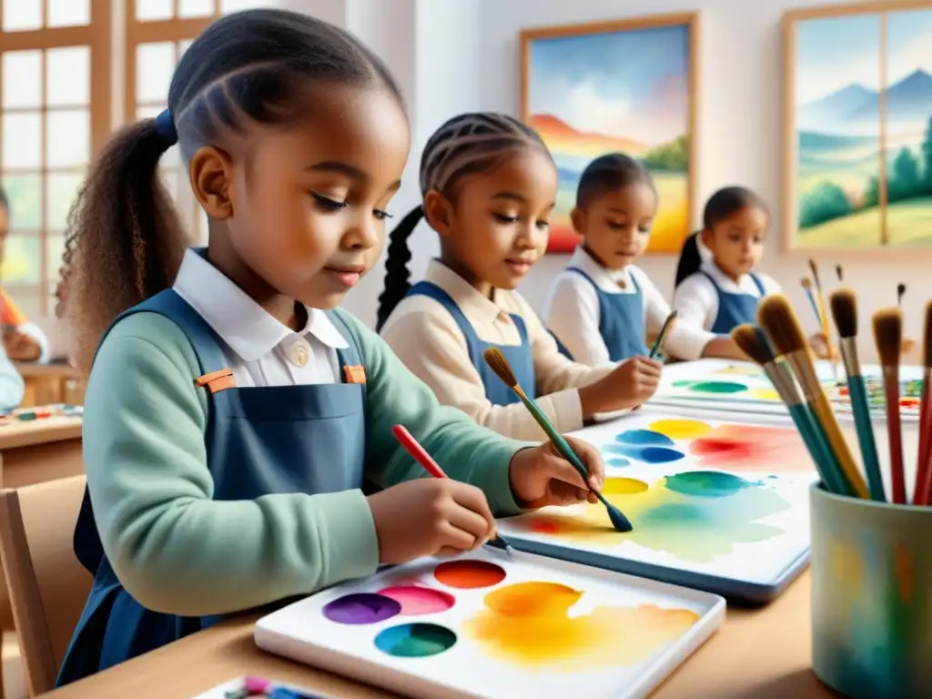 Un vibrante taller de arte visual en educación primaria, niños crean con alegría y colaboración