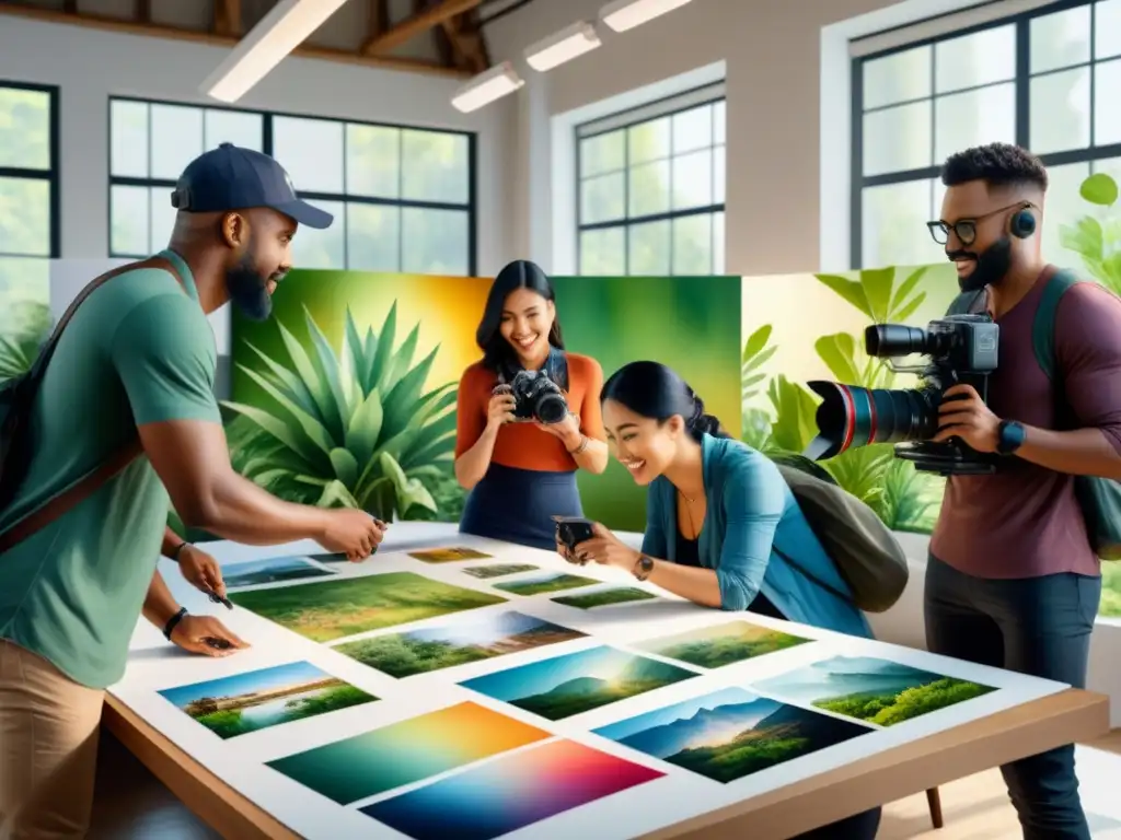 Un vibrante taller de fotografía donde artistas de diversas culturas intercambian conocimientos rodeados de cámaras y plantas