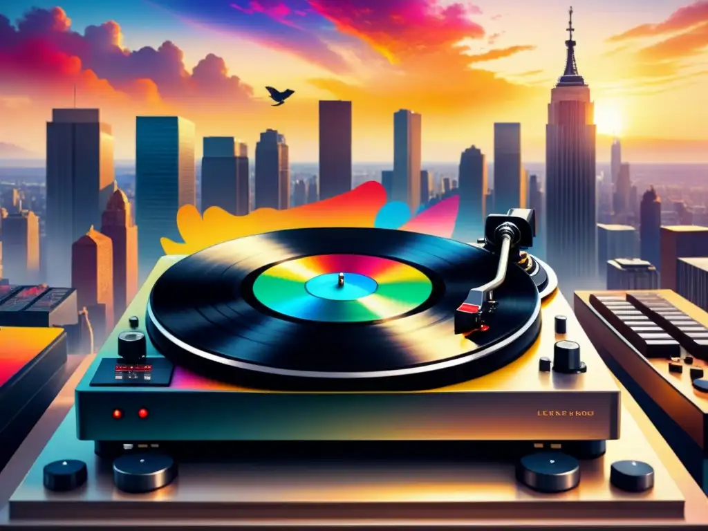 Vinilo vintage girando en tocadiscos con instrumentos musicales y ciudad al atardecer