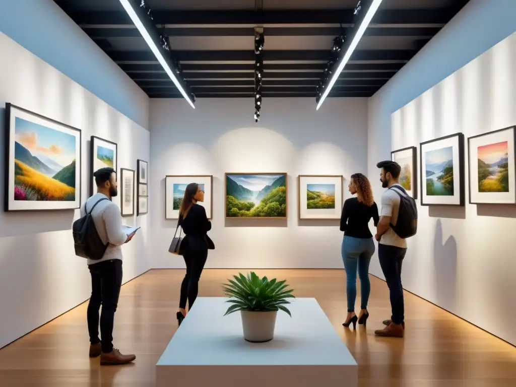 Montar galería virtual paso a paso: Una animada galería de arte con variadas obras, iluminación cálida y visitantes admirando las piezas