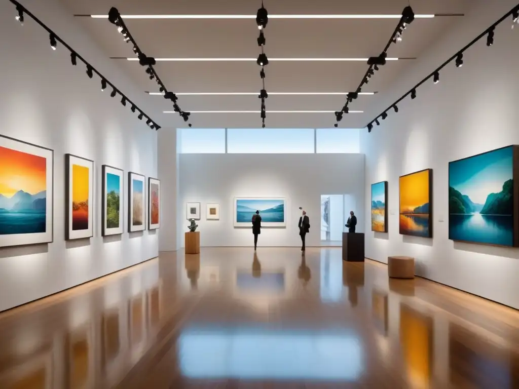 Montar galería virtual paso a paso: Detallada acuarela de galería moderna con diversa arte en vibrantes colores, luz natural y elegante diseño