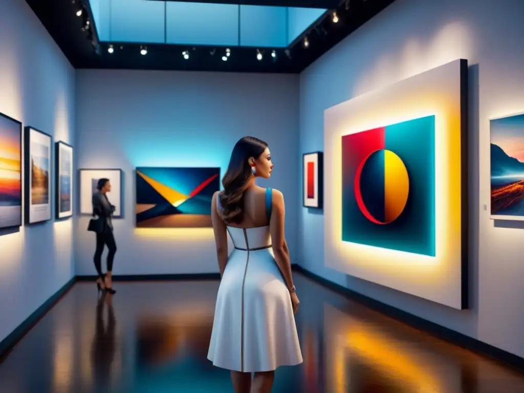 Montar galería virtual paso a paso: Detallada acuarela de galería de arte moderno con obras abstractas vibrantes y visitantes asombrados