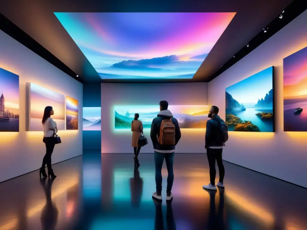 Montar galería virtual paso a paso: Una impactante galería de arte futurista con instalaciones vibrantes y luz etérea