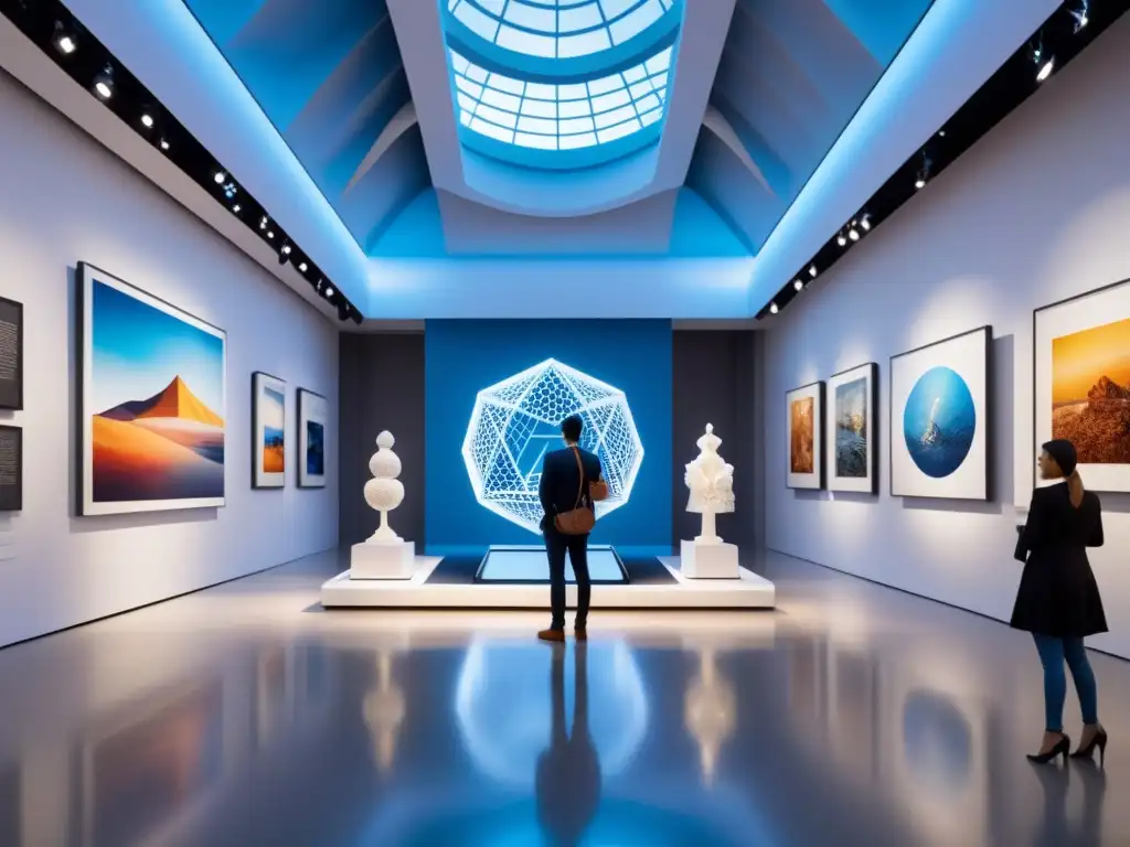 Una visión futurista de una galería de arte llena de esculturas e instalaciones impresas en 3D