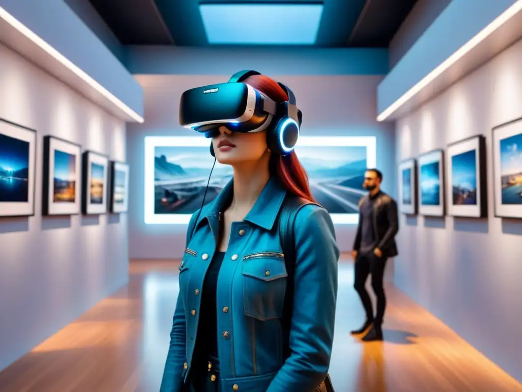 Visitantes con auriculares de realidad virtual explorando galería de arte futurista