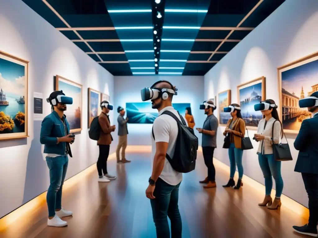 Visitantes en una galería de arte contemporáneo con realidad virtual, inmersos en instalaciones digitales