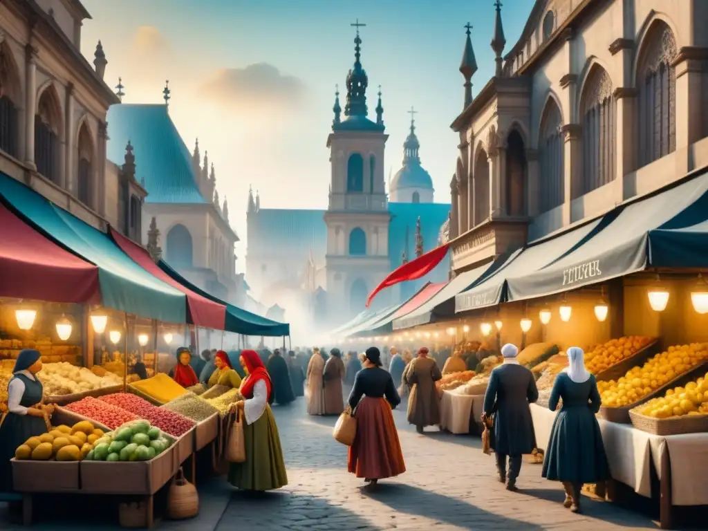 Vista detallada de un bullicioso mercado renacentista, con vendedores y una catedral al fondo, capturando el legado artístico de Goya