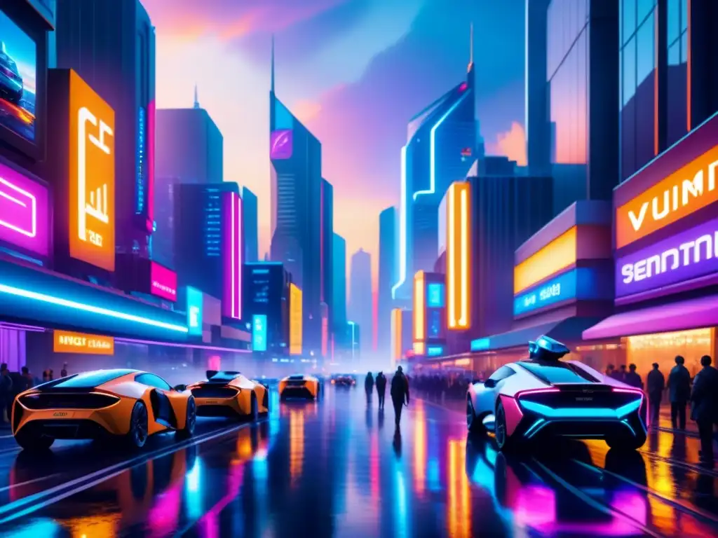 Una vista futurista de la ciudad con tecnología, arte visual ciberpunk y futurismo en neón y luces de ciudad lluviosa al atardecer