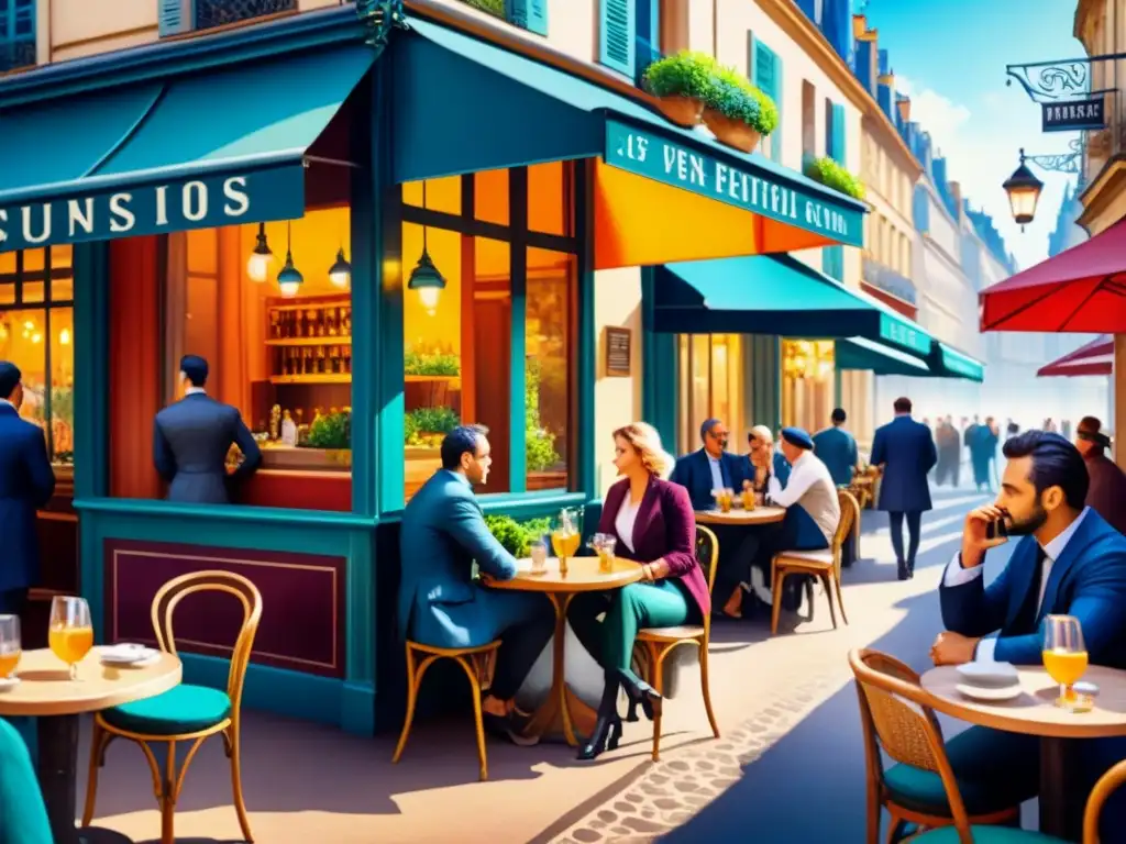 Escena parisina vibrante: café postimpresionista detallado Vivaz escena de café parisino en acuarela detallada, con paleta colores PostImpresionistas