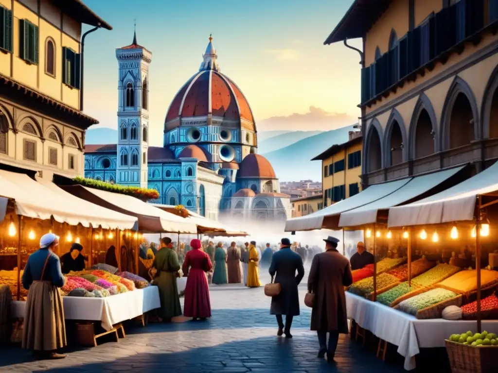 Vívida exposición de arte renacentista en mercado bullicioso de Florencia, con nobles y artistas exhibiendo sus obras maestras