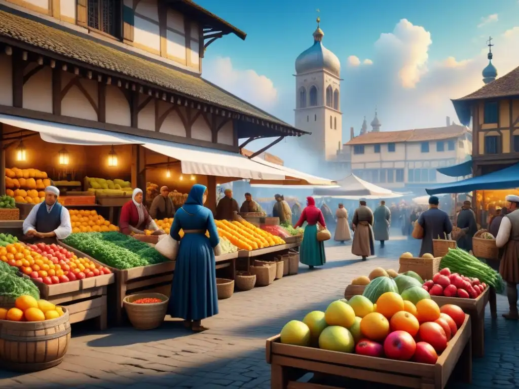 Pintura acuarela detallada de mercado renacentista Vívida pintura acuarela de mercado renacentista con frutas, telas y arquitectura detallada